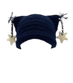 Ponitrack Häkeln Hüte für Frauen Star Cat Beanie Vintage Beanies Frauen Grunge Zubehör Slouchy Beanies für Frauen, Tiefblau, M/Einheitsgröße von Ponitrack