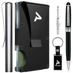 Kartenhalter Slim Wallet mit Geldklammer – RFID-blockierend – erweiterbar für 12 Karten – perfekt für jeden Anlass, Aluminium, schwarz, mit Stift und Schlüsselanhänger, Basic von Ponjee