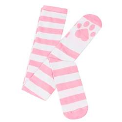 Comfortable Damen-Fußunterseiten-Katzen-Baumwollsocken Stripe High Tube Socks Damen-Oberschenkelsocken über dem Knie (Pink, One Size) von Poo4kark