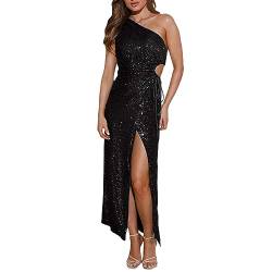 Poo4kark Damen-Pailletten-Glitzer-Party-Club-Kleid, einschulteriges, Plissiertes Cocktail-Skinny-Kleid Kleid Damen Elegant Für Hochzeit (Black, S) von Poo4kark