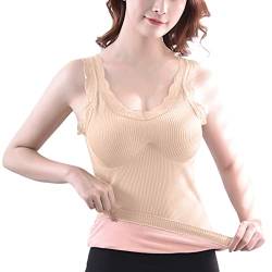 Warm Ärmellose Thermo-Shirts für Frauen mit abnehmbarem, integriertem BH mit V-Ausschnitt, Weste, Fleece-gefütterte Unterwäsche, Thermo-Tanktops (Beige-F, One Size) von Poo4kark