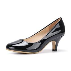 Damen Pumps Kitten Heels Breite Braut Arbeit Büro Hochzeit Party Niedriger Absatz Pumps Slip On Schuhe, Lackschwarz, 38.5 EU von Poorevill