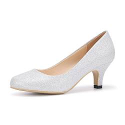 Damen Pumps Kitten Heels Breite Braut Arbeit Büro Hochzeit Party Niedriger Absatz Pumps Slip On Schuhe, Silberfarben glitzernd, 39 EU von Poorevill