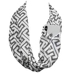 Pop Fashion Damen Schal mit griechischem Schlüsselmuster, Unendlichkeitssymbol, mit weißer Reißverschlusstasche, Infinity Schal - Grau - Einheitsgröße von Pop Fashion