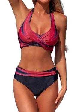 Popfeelings Damen Zweiteiliges Bikini-Set Neckholder Twist Front Badeanzüge Badeanzug, Rot/Ausflug, einfarbig (Getaway Solids), S von Popfeelings