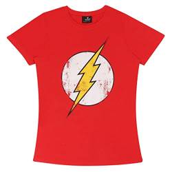 DC Comics The Flash Distressed Logo T Shirt ausgestattet, Damen, XS-4XL, Rot, Offizielle Handelsware von Popgear
