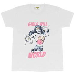 DC Comics Wonder Woman Mädchen Will Save The World Freund Fit T Shirt, Damen, S-XXL, Weiß, Offizielle Handelsware von Popgear