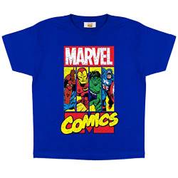 Marvel Comics Crackle Logo Heroes T Shirt, Kinder, 110-158, Königsblau, Offizielle Handelsware von Popgear