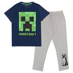Minecraft Schlingpflanze Langer Pyjama, Kinder, 110-182, Blau/Weiß Heather Grey, Offizielle Handelsware von Popgear