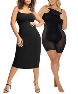 Popilush Shaper-Kleid Figurbetontes Midi-Kleid Integrierter Shapewear-BH 8-in-1-Ärmelloses Geteiltes Slip-Kleid für Damen Schwarz von Popilush