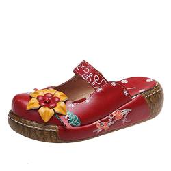 Damen Sandalen,Popoti Sommer Sandalen mit Absatz Pantoletten Hausschuhe Leder Slip-Ons Pumps Vintage Blume Slipper Mokassins Wedges Loafer Schuhe Flip Flops Zehentrenner Neu Kork Sandalen (Rot-1, 39) von Popoti