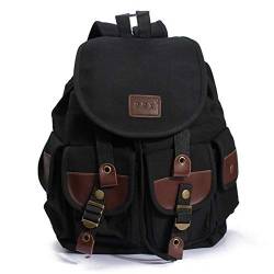 Popoti Canvas Rucksäcke, Rucksack Damen Herren Schulrucksack Retro Backpack Unisex 14 inch Laptop Großer Daypacks für Outdoor Sports Reisen Wandern Wanderrucksack (Schwarz, 29 * 13 * 37cm) von Popoti