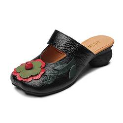 Popoti Damen Sandalen, Sommer Slipper mit Absatz Pantoletten Hausschuhe Leder Pumps Blume Mokassins Wedges Loafer Schuhe Flip Flops (Schwarz-2, 37) von Popoti