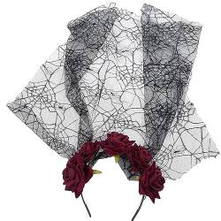 Porceosy Cosplay-Party-Stirnband, elastisches Haar-Accessoire, dunkler Stil, Halloween mit Netz, Blume des Todes, rutschfeste Foto-Requisite für Urlaubspartys, Totenkopf-Dekoration Rot von Porceosy