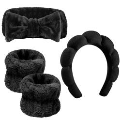 Porceosy Elastisches Spa-Stirnband, Hautpflege, Haarbänder, 4-teiliges Haarband-Set, flauschig, verdickter Schwamm, verstellbarer wasserabsorbierender Kopf, Schwarz von Porceosy