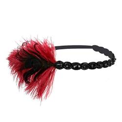 Porceosy Haarschmuck Party Kopfschmuck Schwarz Strass Stirnband Vintage Gatsby Band mit Feder Dekoration Damen Flapper Rot von Porceosy