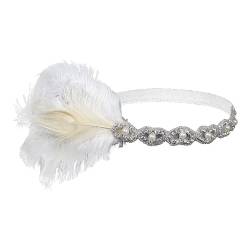 Porceosy Haarschmuck Party Kopfschmuck Schwarz Strass Stirnband Vintage Gatsby Band mit Feder Dekoration Damen Flapper Weiß von Porceosy