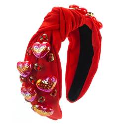 Porceosy Highlight-Haarschmuck, Stoffkunst-Stirnband, Damen, Valentinstag, Haarband, Herz-Anhänger, Strass-Dekor, Rot, breites Band, Rot von Porceosy