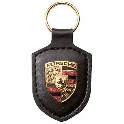 Porsche Original-Schlüsselanhänger, schwarzes Leder mit Metall, buntes Wappen in silberfarbener Porsche-Geschenkbox von Porsche