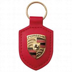 Porsche Schlüsselanhänger, rotes Leder mit Metallwappen, Lieferung in silberfarbener Porsche-Geschenkbox, Originalprodukt von Porsche