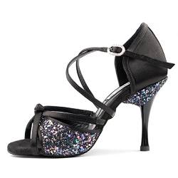 Portdance Damen Tanzschuhe PD801 Pro - Satin/Glitzer Schwarz - 7,5 cm Slim [EUR 38] von Portdance