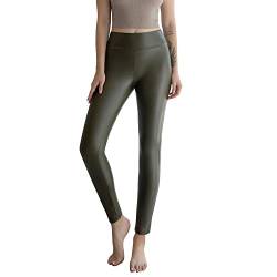 Kunstleder-Leggings für Damen, hohe Taille, dehnbar, hebt den Po an, mit Fleece gefütterte Leggings für Damen, Grün , X-Groß von Powder Queen