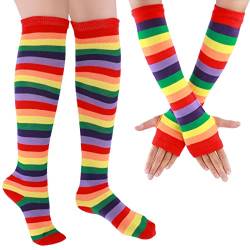 Prasacco Regenbogen Socken und Armstulpen Set, Bunt Gestreifte Kniehohe Socken Lang Fingerlose Armstulpen Lustiges Dehnbare Socken-Handschuh-Set für Frauen und Mädchen, Festlich Verkleiden (One Size) von Prasacco