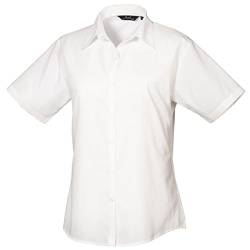 Premier Damen Popeline Kurzarm Bluse Damen Einfarbig Arbeitshemd, weiß, 34 von Premier