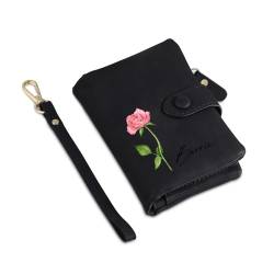 Personalisierte Geldbörse Damen Leder Geburtstag Blume Name Brieftasche Portemonnaie Geschenk für Damen Mutter Ehefrau Muttertag (Schwarz) von Presentimental