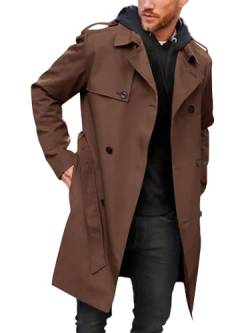 Pretifeel Herren Trenchcoat Slim Fit zweireihig lange Jacke eingekerbter Revers Gürtel Fall Winddichter Mantel, Braun, L von Pretifeel