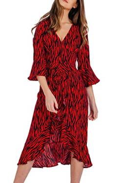 Pretty Darling Damen Zebra V-Ausschnitt Rüschen 3/4 Ärmel Hohe Taille Casual Boho Cocktail Urlaub Midi Lässiges Kleid, rot, 36 von Pretty Darling