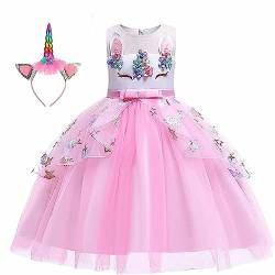 Einhorn Kostüm Kinder, Kleid Prinzessin Kostüm Mädchen, Einhorn Cosplay Karneval Verkleidung Party Hochzeit Prinzessin Kleid mit Stirnband, Rosa (7-8 Jahre, 128 cm) von Pretty Princess