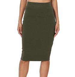 PrettyFashion Damen Midi Rock Stretch Figurbetont Business Bleistift Röcke (Khaki, L) von PrettyFashion