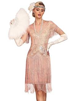 PrettyGuide Damen 1920er Gatsby Kleid Lange Fransen Vintage Pailletten Art Deco Cocktail Flapper Kleid mit Ärmeln, Roségold, 40 von PrettyGuide