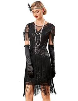 PrettyGuide Damen 1920er Gatsby Kleid Lange Fransen Vintage Pailletten Art Deco Cocktail Flapper Kleid mit Ärmeln, Schwarz, 36 von PrettyGuide