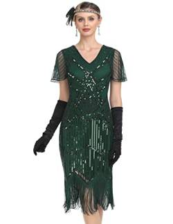 PrettyGuide Damen 1920er Jahre Flapper Kleid Kurzarm Glitzer Pailletten Inspiriert Fransen Party Cocktail Kleider, Dunkelgrün (mit Zubehör), 38-40 von PrettyGuide