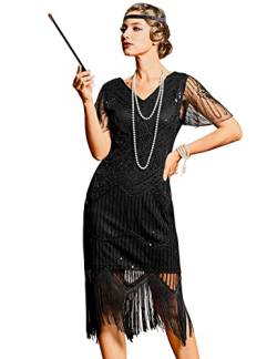 PrettyGuide Damen 1920er Jahre Flapper Kleid Kurzarm Glitzer Pailletten Inspiriert Fransen Party Cocktail Kleider, Schwarz (mit Zubehör), 34-36 von PrettyGuide