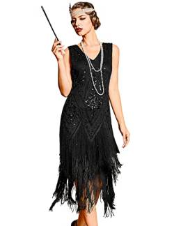 PrettyGuide Damen 1920er Jahre Flapper Kleid Vintage Swing Fransen Gatsby Roaring 20er Jahre Kleid, Schwarz, 38-40 von PrettyGuide