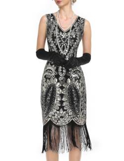 PrettyGuide Damen Flapper Kleid Paisley Pailletten Perlen Fransen 1920er Jahre Stil Kleid Art Deco Vintage Gatsby Kleid, Schwarz Gold, Klein von PrettyGuide