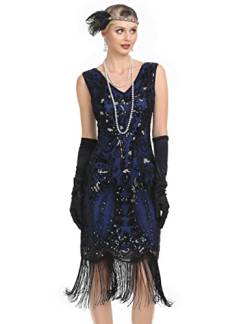 PrettyGuide Damen Flapper Kleid Paisley Pailletten Perlen Fransen 1920er Jahre Stil Kleid Art Deco Vintage Gatsby Kleid, schwarz blau, Klein von PrettyGuide