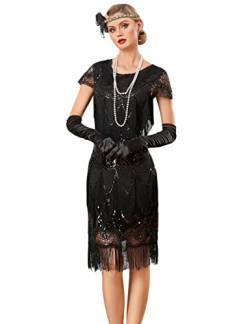 PrettyGuide Damen Flapper Kleid mit Ärmeln Art Deco Pailletten Perlen Fransen 1920er Vintage Great Gatsby Party Kleid, Schwarz, 46 von PrettyGuide