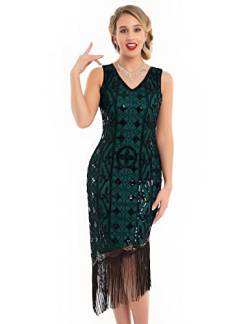 PrettyGuide Damen Flapper Kleider 1920er Jahre Gatsby Pailletten Fransen Ärmellos Brüllen 20er Jahre Cocktailkleid, Schwarz Malachit Grün, Groß von PrettyGuide