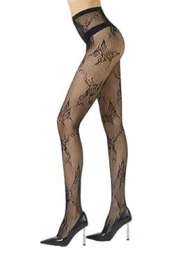 PrettyLoveHose Netzstrumpfhose Tattoo Blumen Schmetterlinge schwarz, Schwarz , One size von PrettyLoveHose