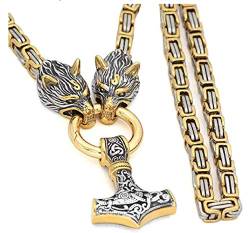 Prettyrosary Männer Viking Halskette | Wolf Head Norse Thor’s Hammer Viking Mjolnir Halskette | Viking Schmuck für Männer | Edelstahl King Chain Halskette Gold und platiniert (50 cm) von Prettyrosary