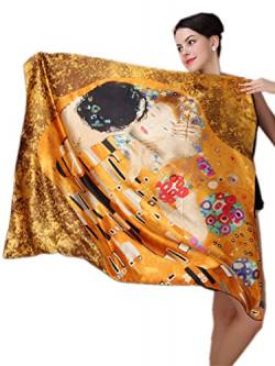 Prettystern 100 Cm XL Crepe Satin Handroulier Malerei Golden große Seiden-Tuch - Gustav Klimt - Kuss P335 von Prettystern