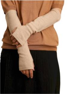 Prettystern Damen Arm-Wärmer Lang-Arm-Stulpen 100% Kaschmir Fingerlose Pulswärmer 2-lagig Rand beige von Prettystern