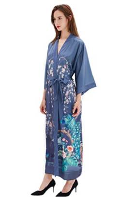 Prettystern Damen Boden-lang 100% Seide Satin Seidenmantel Kimono Morgenmantel Nachtkleid Yukata Robe Grau-Blau Garten Teich L08 von Prettystern