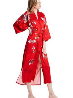 Prettystern Damen Boden-lang 100% Seide Satin Seidenmantel Kimono Morgenmantel Nachtkleid Yukata Robe Rot Fische Lotus L11 von Prettystern