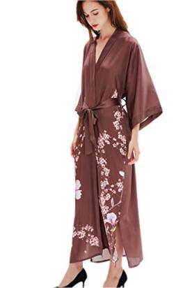 Prettystern Damen Boden-lang 100% Seide Seidenmantel Kimono Seiden-Morgenmantel Nachtkleid Yukata Robe Braun Sakura L01 von Prettystern