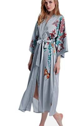 Prettystern Damen Boden-lang reine Seide Satin Seidenmantel Kimono Morgenmantel Nachtkleid Yukata Robe grau Schmetterling Blauregen L14 von Prettystern